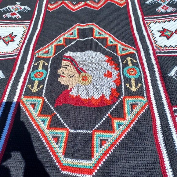 Handmade Crochet Afghan Southwestern Pattern Native American Indian Head - Picture 8 of 8